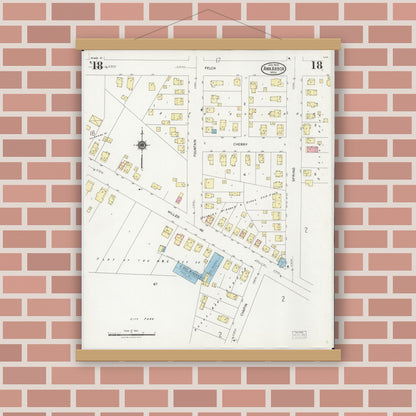 Old map wall art mockup — magnetic wood frame on brick wall — Sanborn Fire Insurance Map from Ann Arbor, Washtenaw County, Michigan (1925), Sheet #0018