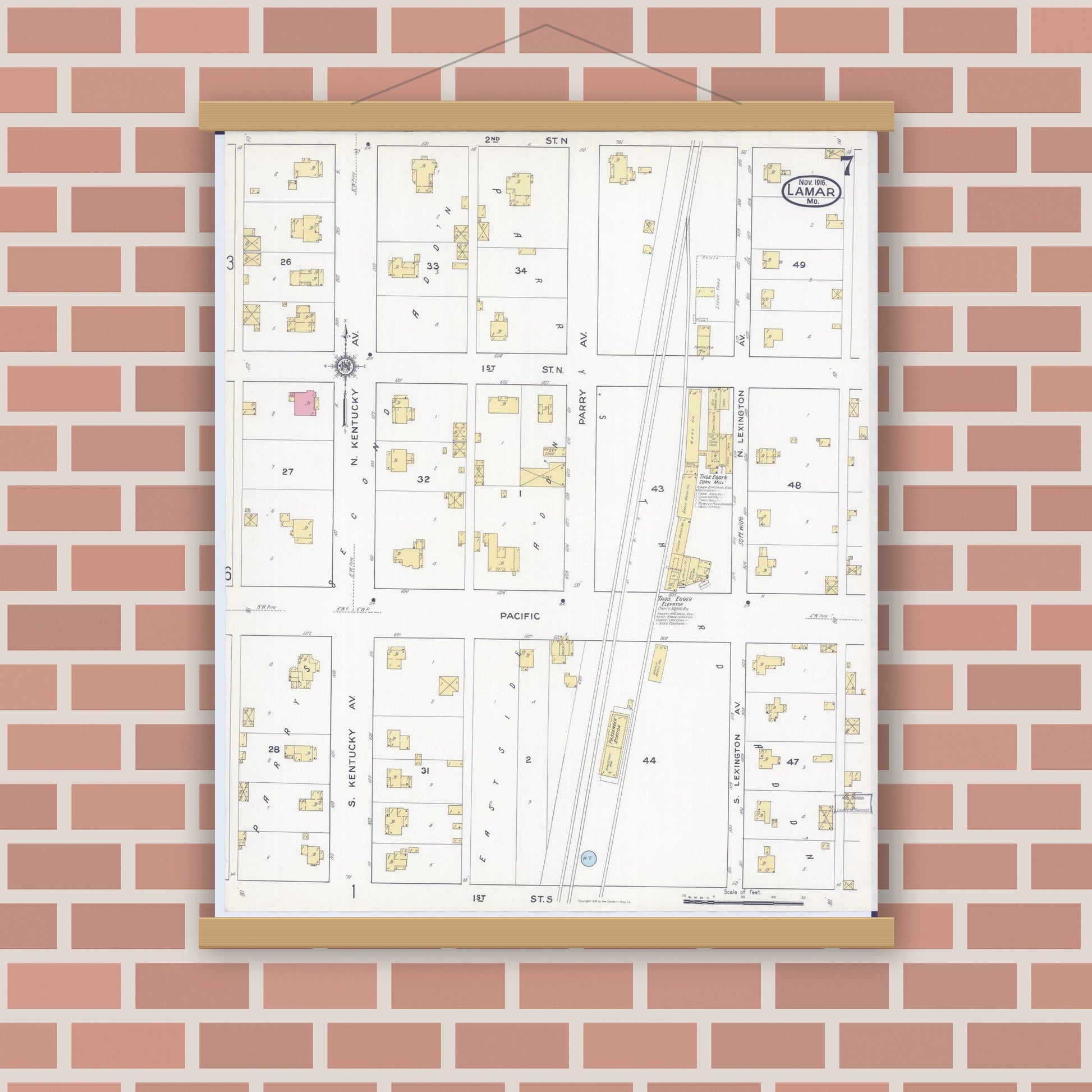 Old map wall art mockup — magnetic wood frame on brick wall — Sanborn Fire Insurance Map from Lamar, Barton County, Missouri (1916), Sheet #0007