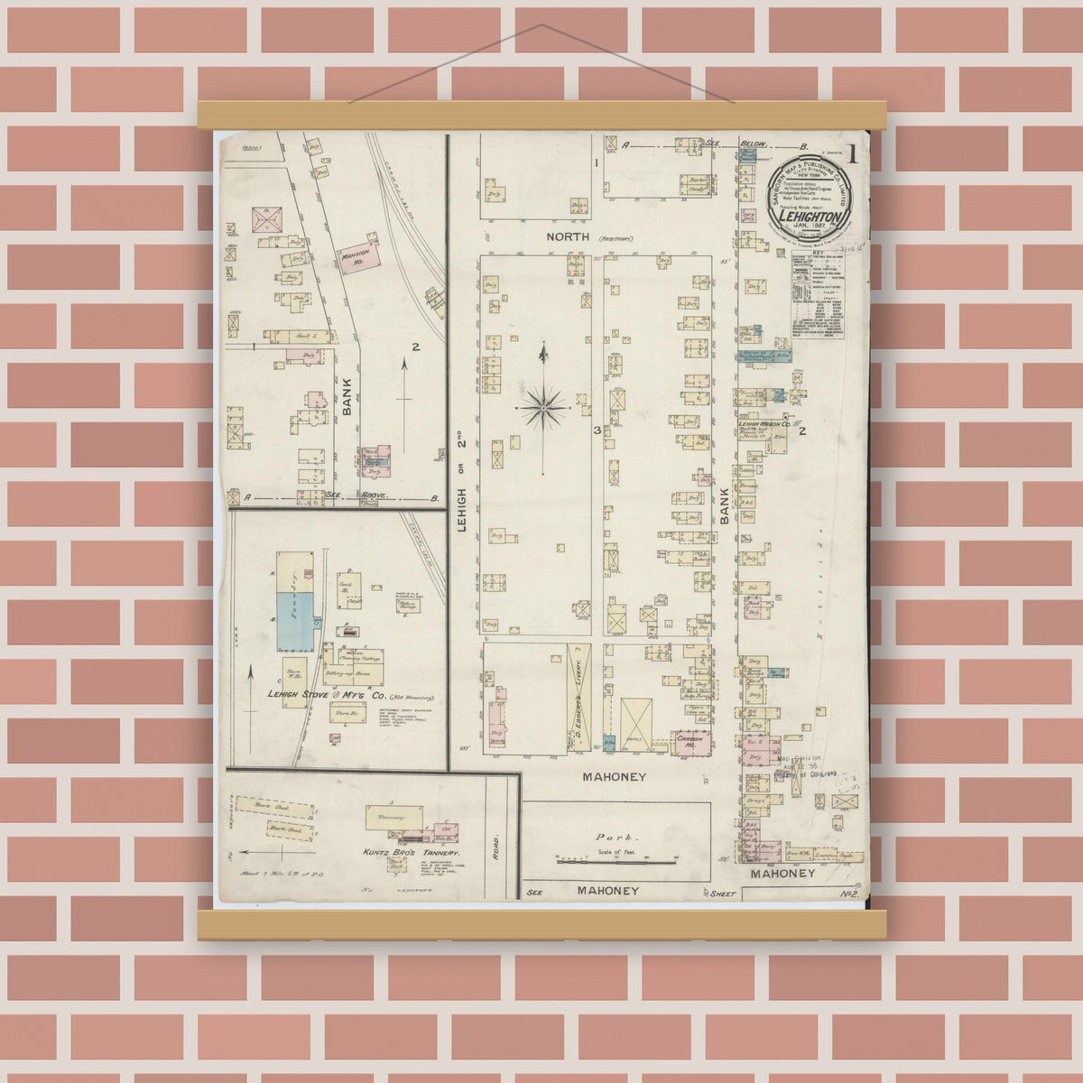 Old map wall art mockup — magnetic wood frame on brick wall — Sanborn Fire Insurance Map from Lehighton, Carbon County, Pennsylvania (1887), Sheet #0001