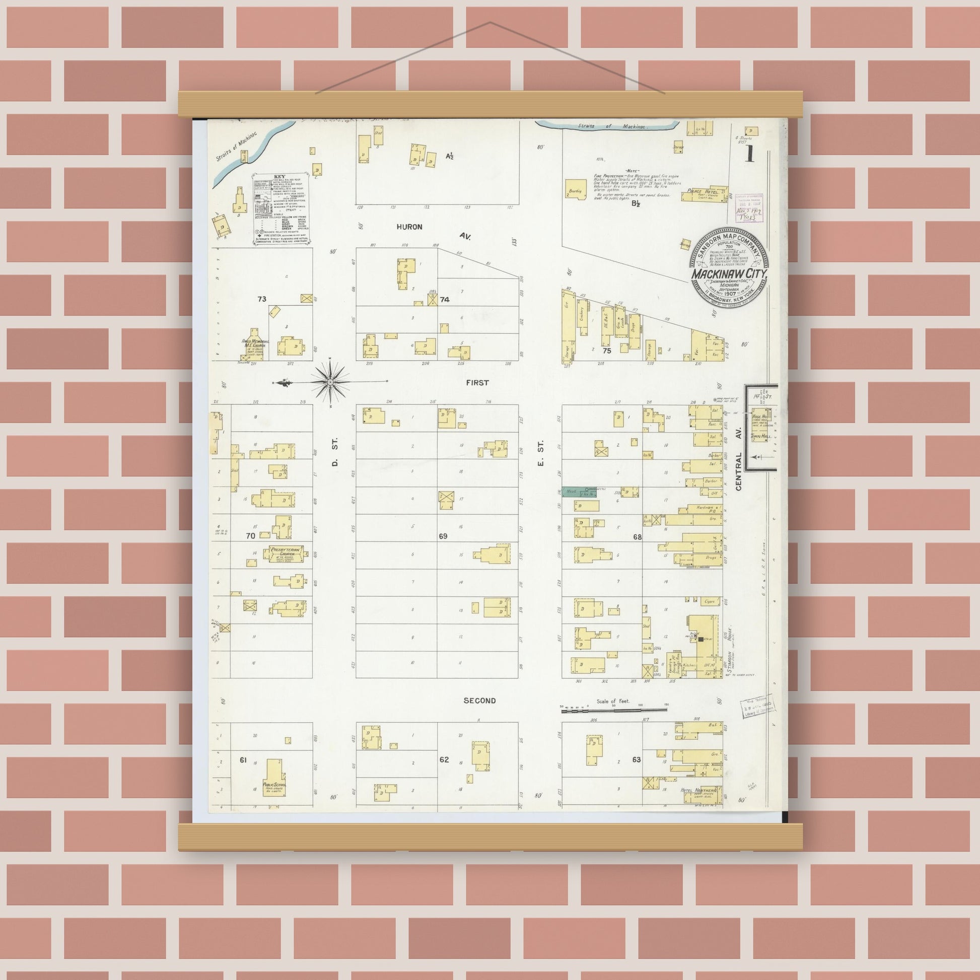 Old map wall art mockup — magnetic wood frame on brick wall — Sanborn Fire Insurance Map from Mackinaw City, Cheboygan County, Michigan (1907) - Complete Map Set