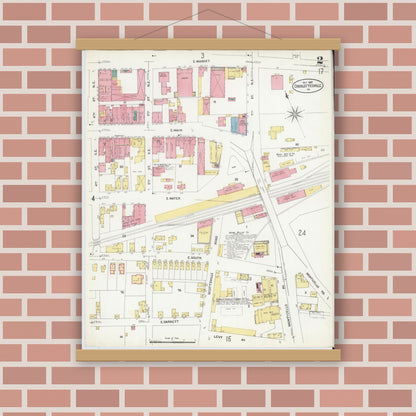Old map wall art mockup — magnetic wood frame on brick wall — Sanborn Fire Insurance Map from Charlottesville, Independent Cities, Virginia (1907), Sheet #0002