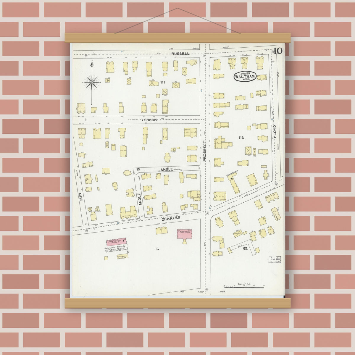 Old map wall art mockup — magnetic wood frame on brick wall — Sanborn Fire Insurance Map from Waltham, Middlesex County, Massachusetts (1892), Sheet #0010