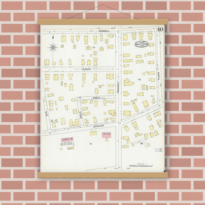 Old map wall art mockup — magnetic wood frame on brick wall — Sanborn Fire Insurance Map from Waltham, Middlesex County, Massachusetts (1892), Sheet #0010