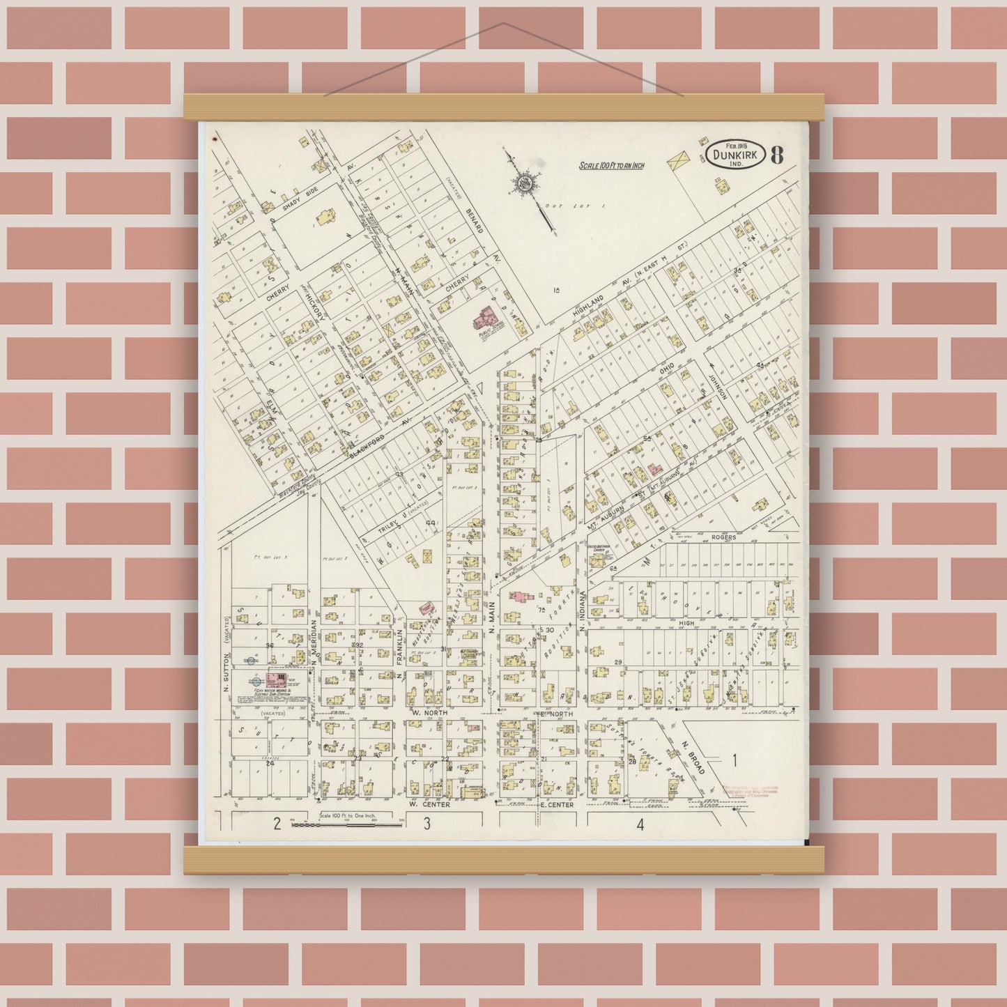 Old map wall art mockup — magnetic wood frame on brick wall — Sanborn Fire Insurance Map from Dunkirk, Jay And Blackford Counties, Indiana (1915), Sheet #0008