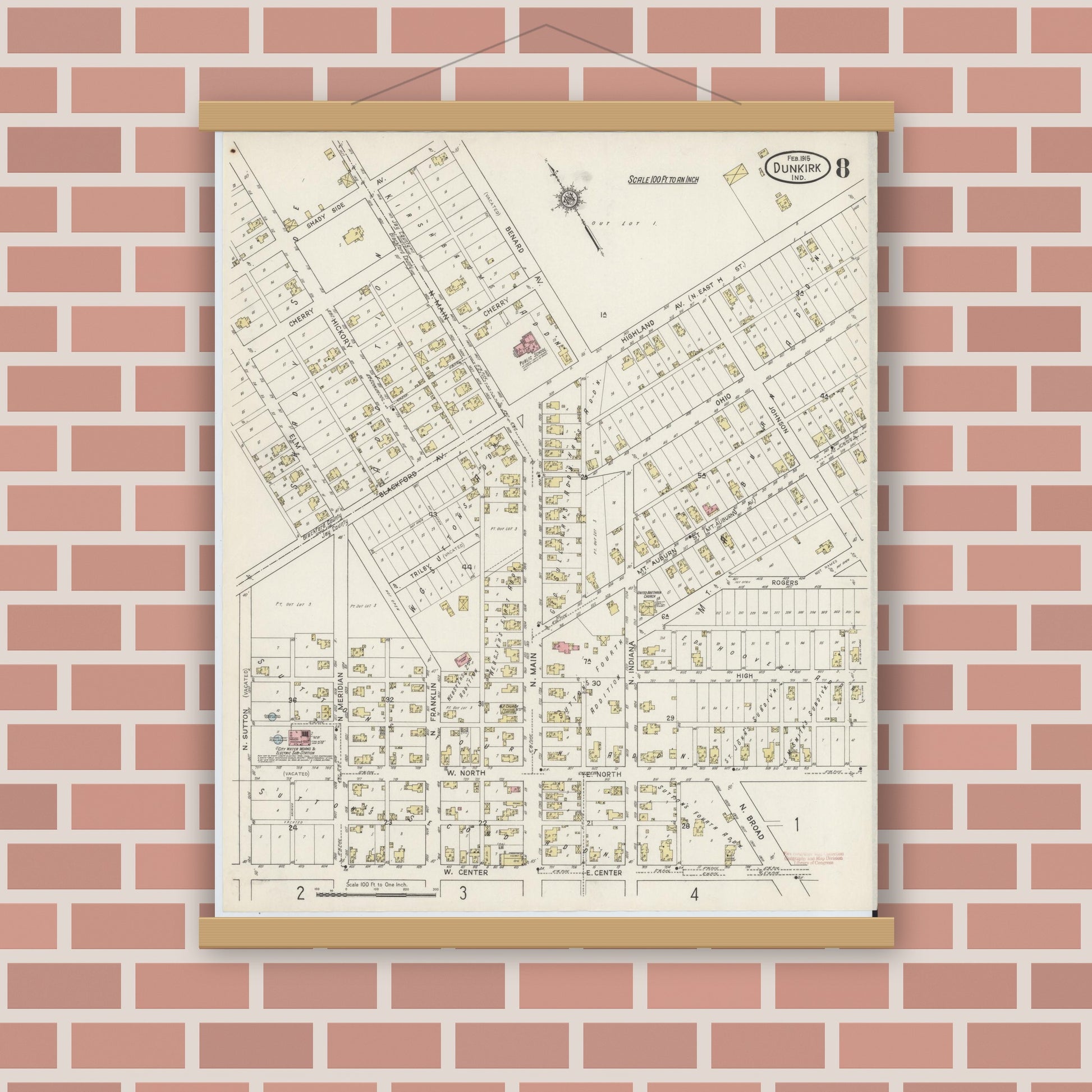 Old map wall art mockup — magnetic wood frame on brick wall — Sanborn Fire Insurance Map from Dunkirk, Jay And Blackford Counties, Indiana (1915), Sheet #0008