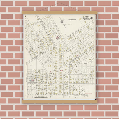 Old map wall art mockup — magnetic wood frame on brick wall — Sanborn Fire Insurance Map from Dunkirk, Jay And Blackford Counties, Indiana (1915), Sheet #0008