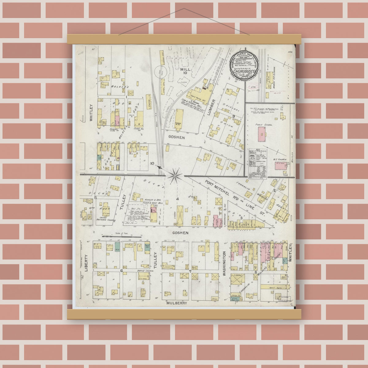 Old map wall art mockup — magnetic wood frame on brick wall — Sanborn Fire Insurance Map from Churubusco, Whitley County, Indiana (1892), Sheet #0001