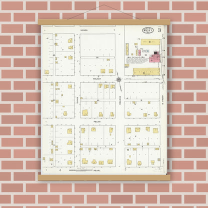 Old map wall art mockup — magnetic wood frame on brick wall — Sanborn Fire Insurance Map from West, McLennan County, Texas (1921), Sheet #0003