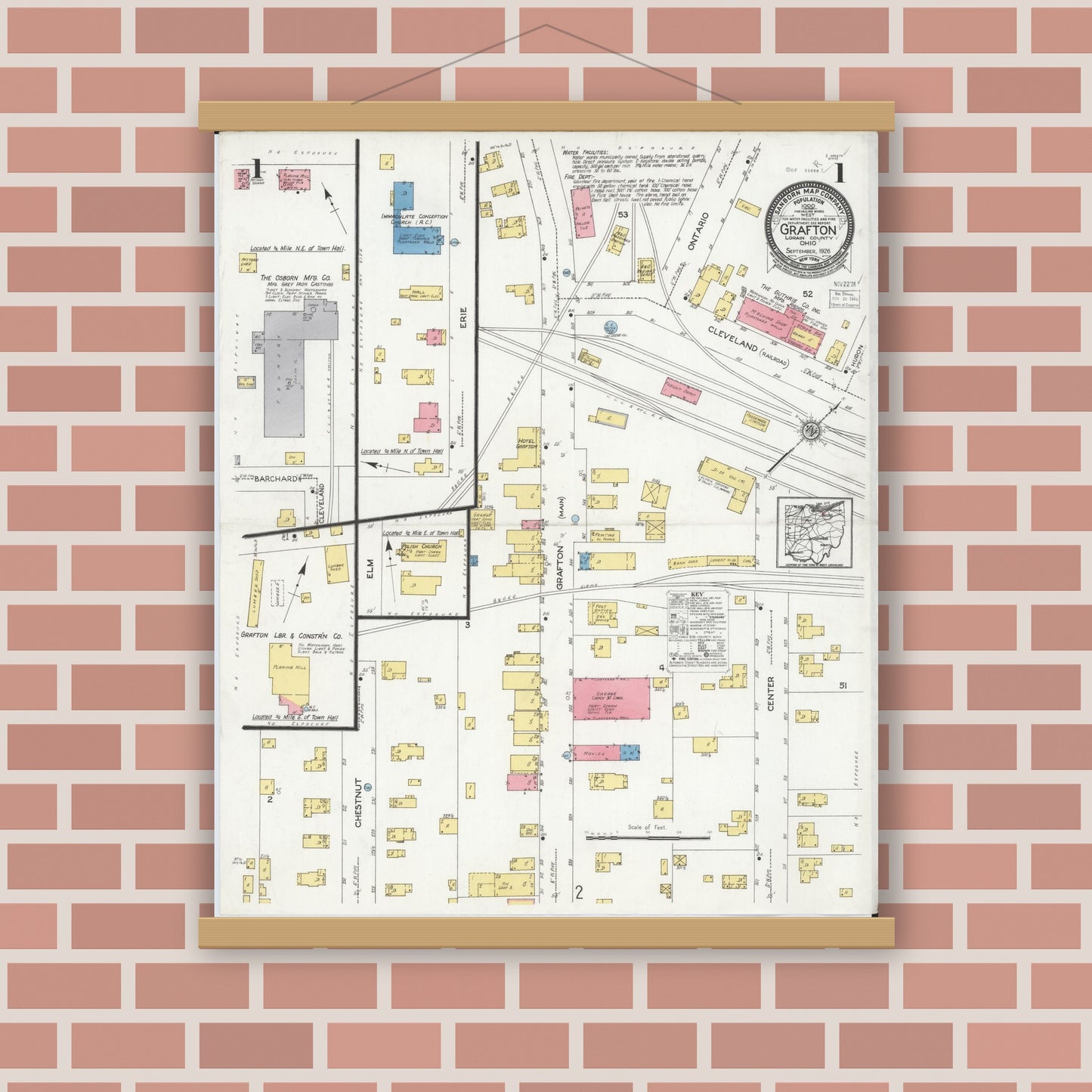 Old map wall art mockup — magnetic wood frame on brick wall — Sanborn Fire Insurance Map from Grafton, Lorain County, Ohio (1926), Sheet #0001