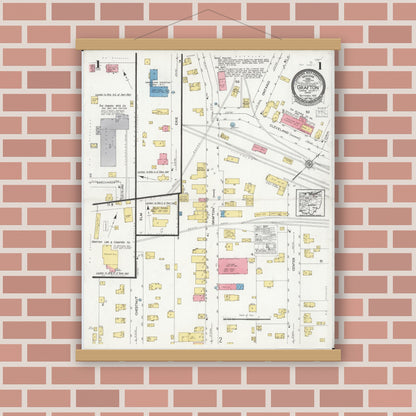 Old map wall art mockup — magnetic wood frame on brick wall — Sanborn Fire Insurance Map from Grafton, Lorain County, Ohio (1926), Sheet #0001