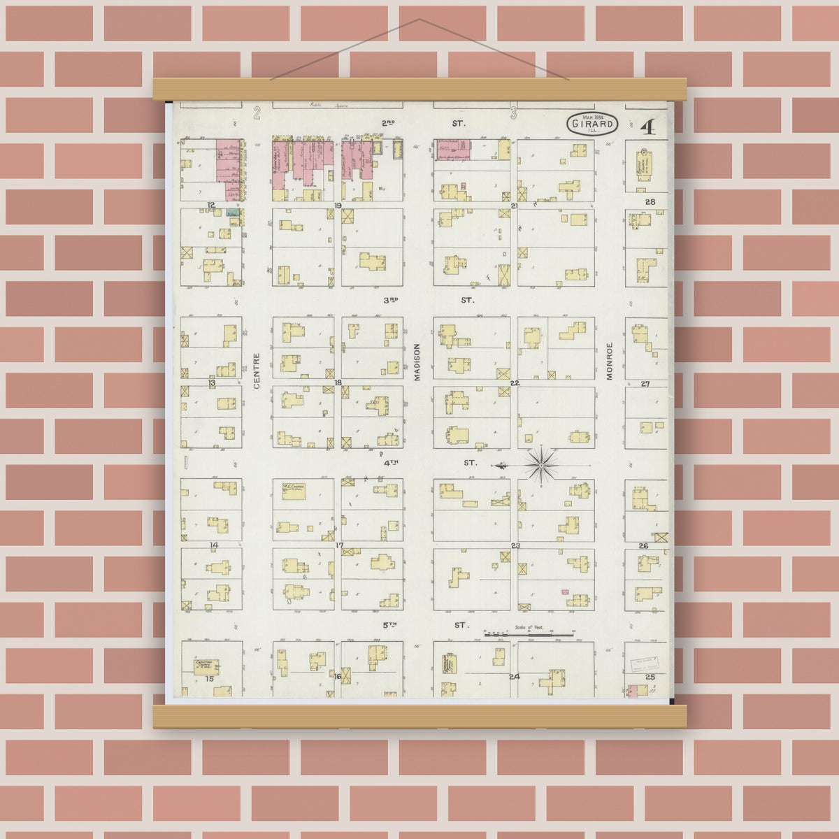 Old map wall art mockup — magnetic wood frame on brick wall — Sanborn Fire Insurance Map from Girard, Macoupin County, Illinois (1894), Sheet #0004