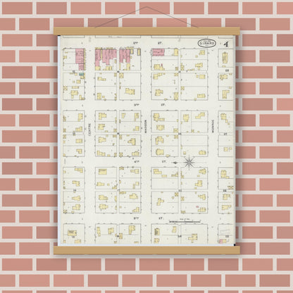 Old map wall art mockup — magnetic wood frame on brick wall — Sanborn Fire Insurance Map from Girard, Macoupin County, Illinois (1894), Sheet #0004