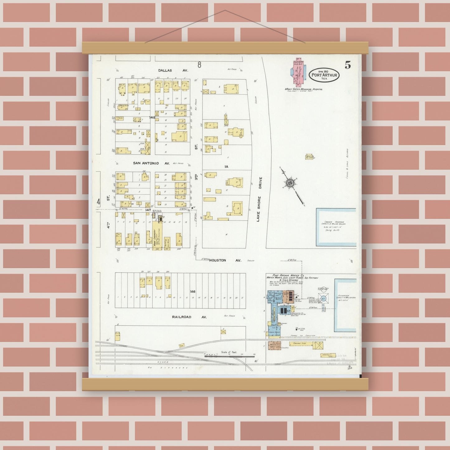Old map wall art mockup — magnetic wood frame on brick wall — Sanborn Fire Insurance Map from Port Arthur, Jefferson County, Texas (1910), Sheet #0005