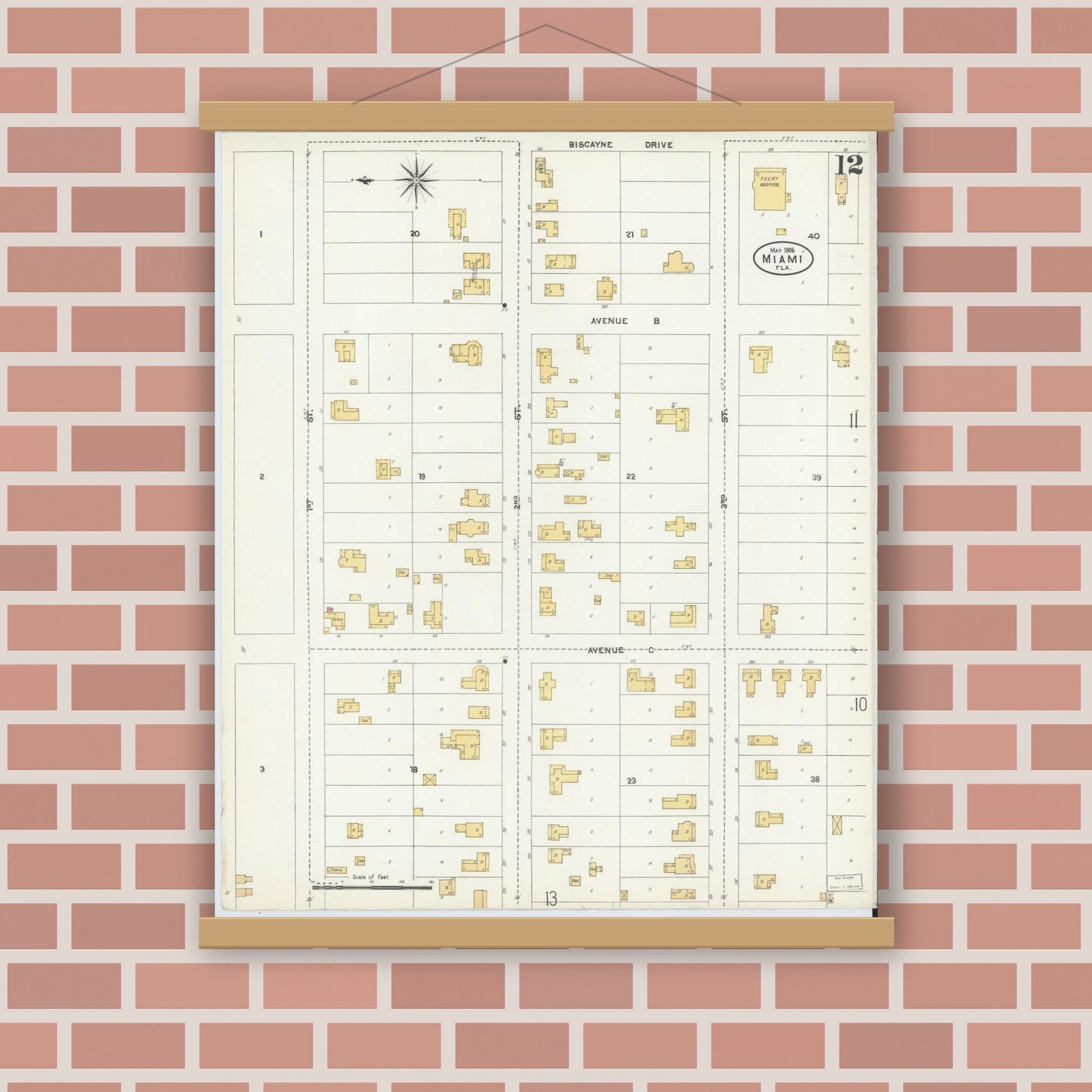 Old map wall art mockup — magnetic wood frame on brick wall — Sanborn Fire Insurance Map from Miami, Dade County, Florida (1906), Sheet #0012