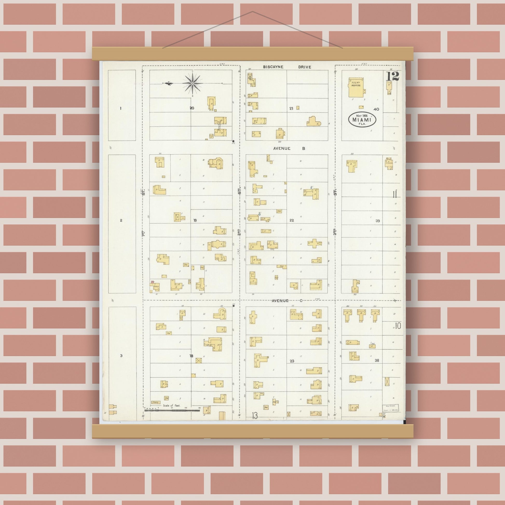 Old map wall art mockup — magnetic wood frame on brick wall — Sanborn Fire Insurance Map from Miami, Dade County, Florida (1906), Sheet #0012