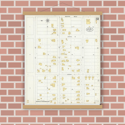 Old map wall art mockup — magnetic wood frame on brick wall — Sanborn Fire Insurance Map from Miami, Dade County, Florida (1906), Sheet #0012