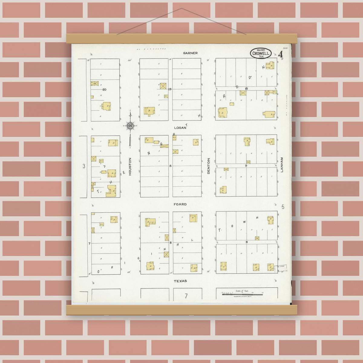 Old map wall art mockup — magnetic wood frame on brick wall — Sanborn Fire Insurance Map from Crowell, Foard County, Texas (1921), Sheet #0004