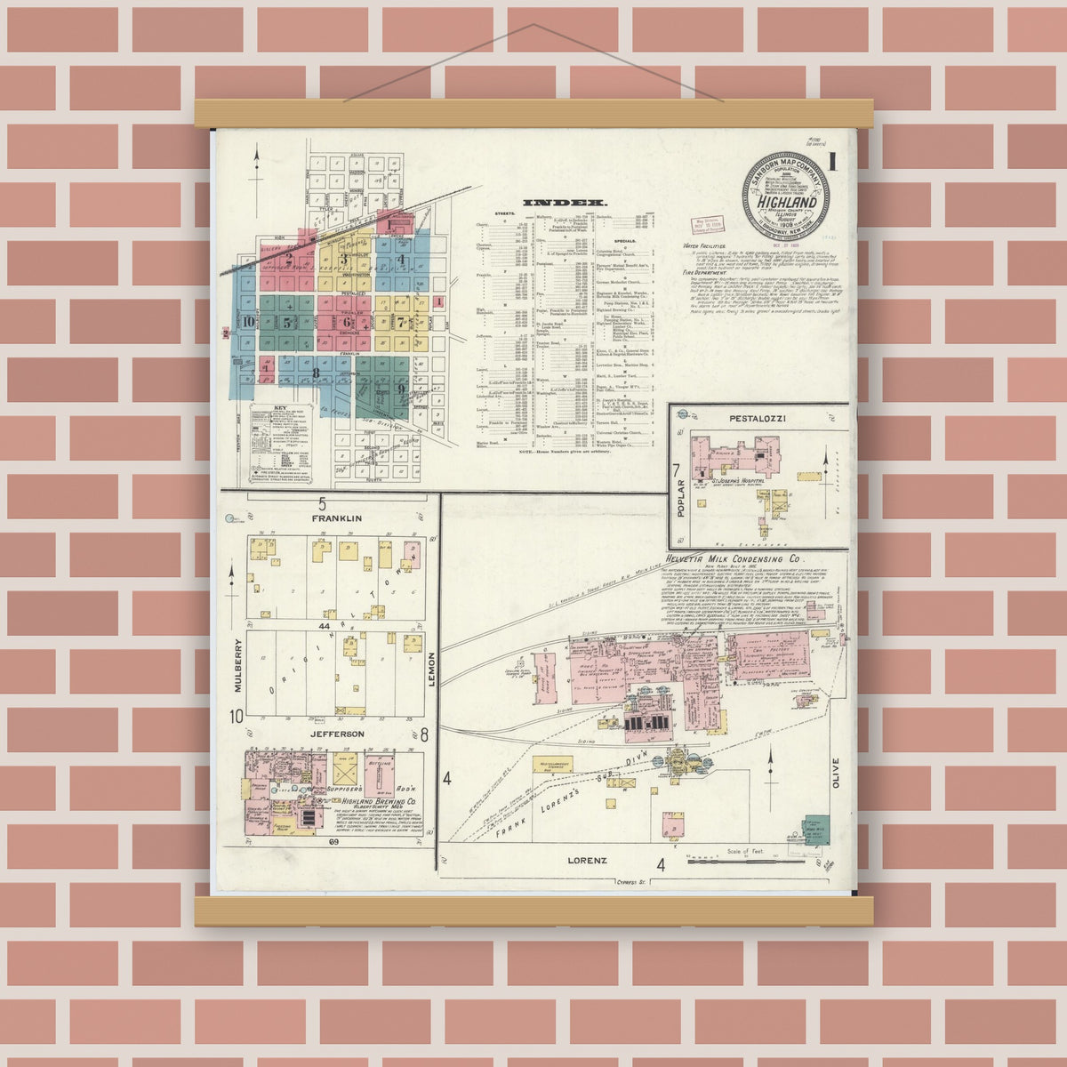Old map wall art mockup — magnetic wood frame on brick wall — Sanborn Fire Insurance Map from Highland, Madison County, Illinois (1908), Sheet #0001