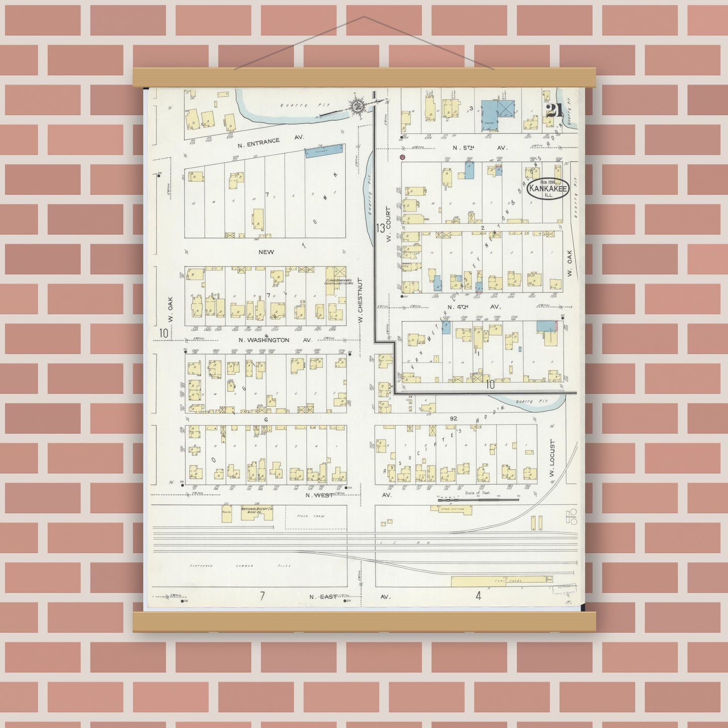 Old map wall art mockup — magnetic wood frame on brick wall — Sanborn Fire Insurance Map from Kankakee, Kankakee County, Illinois (1914), Sheet #0021