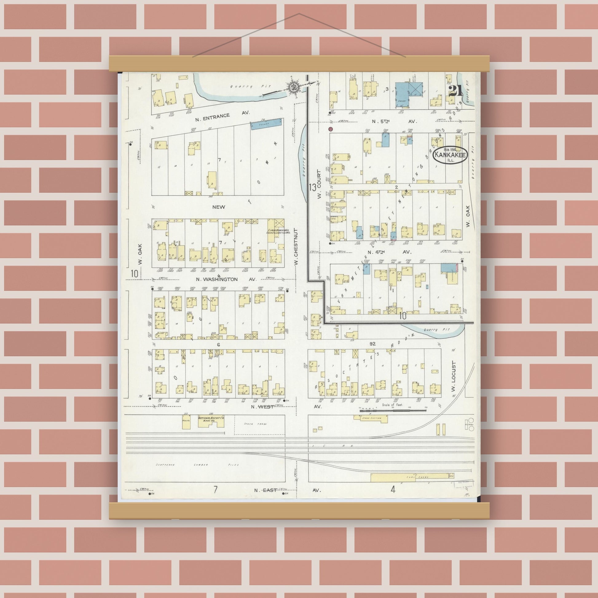 Old map wall art mockup — magnetic wood frame on brick wall — Sanborn Fire Insurance Map from Kankakee, Kankakee County, Illinois (1914), Sheet #0021