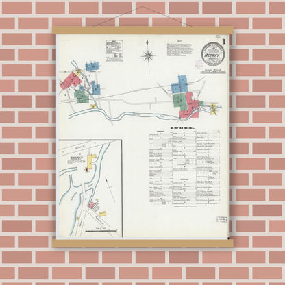 Old map wall art mockup — magnetic wood frame on brick wall — Sanborn Fire Insurance Map from Medway, Norfolk County, Massachusetts (1903), Sheet #0001