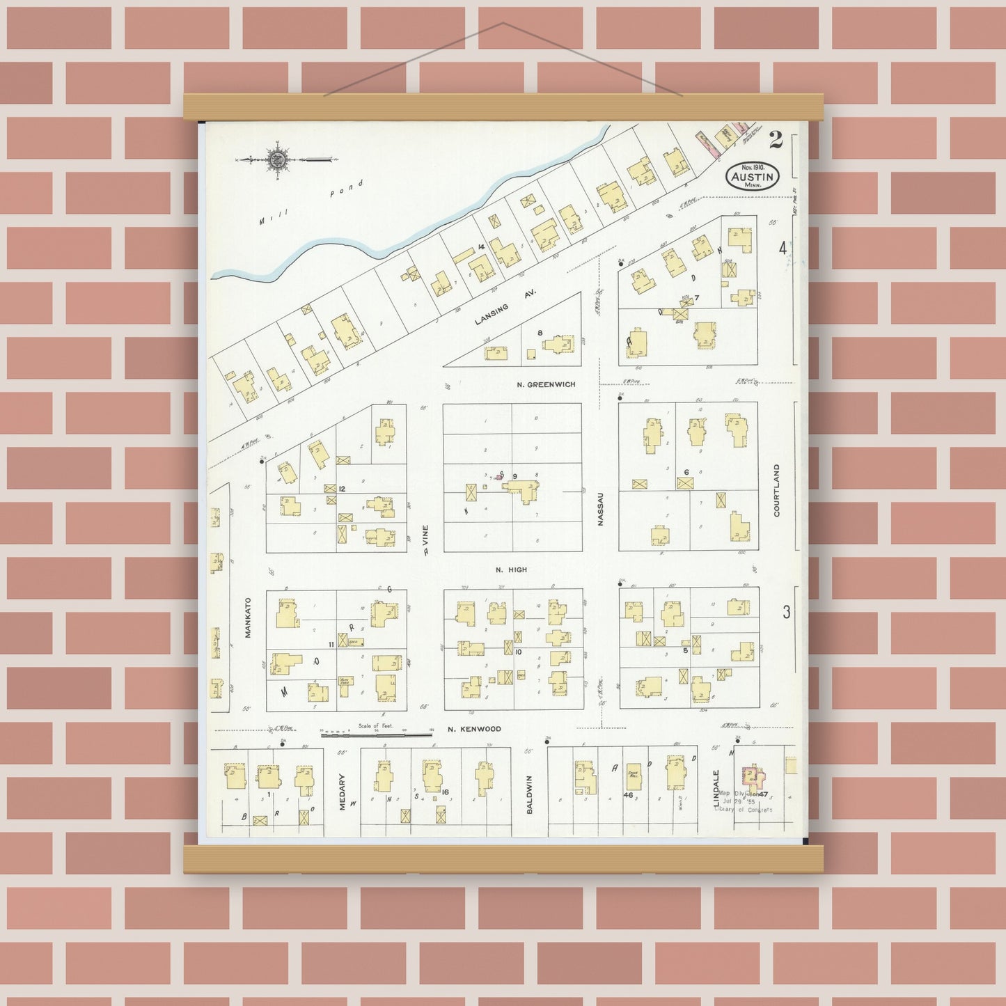 Old map wall art mockup — magnetic wood frame on brick wall — Sanborn Fire Insurance Map from Austin, Mower County, Minnesota (1910), Sheet #0002