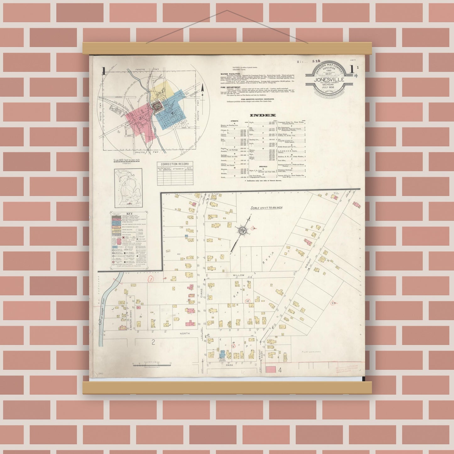 Old map wall art mockup — magnetic wood frame on brick wall — Sanborn Fire Insurance Map from Jonesville, Hillsdale County, Michigan (1938) - Complete Map Set