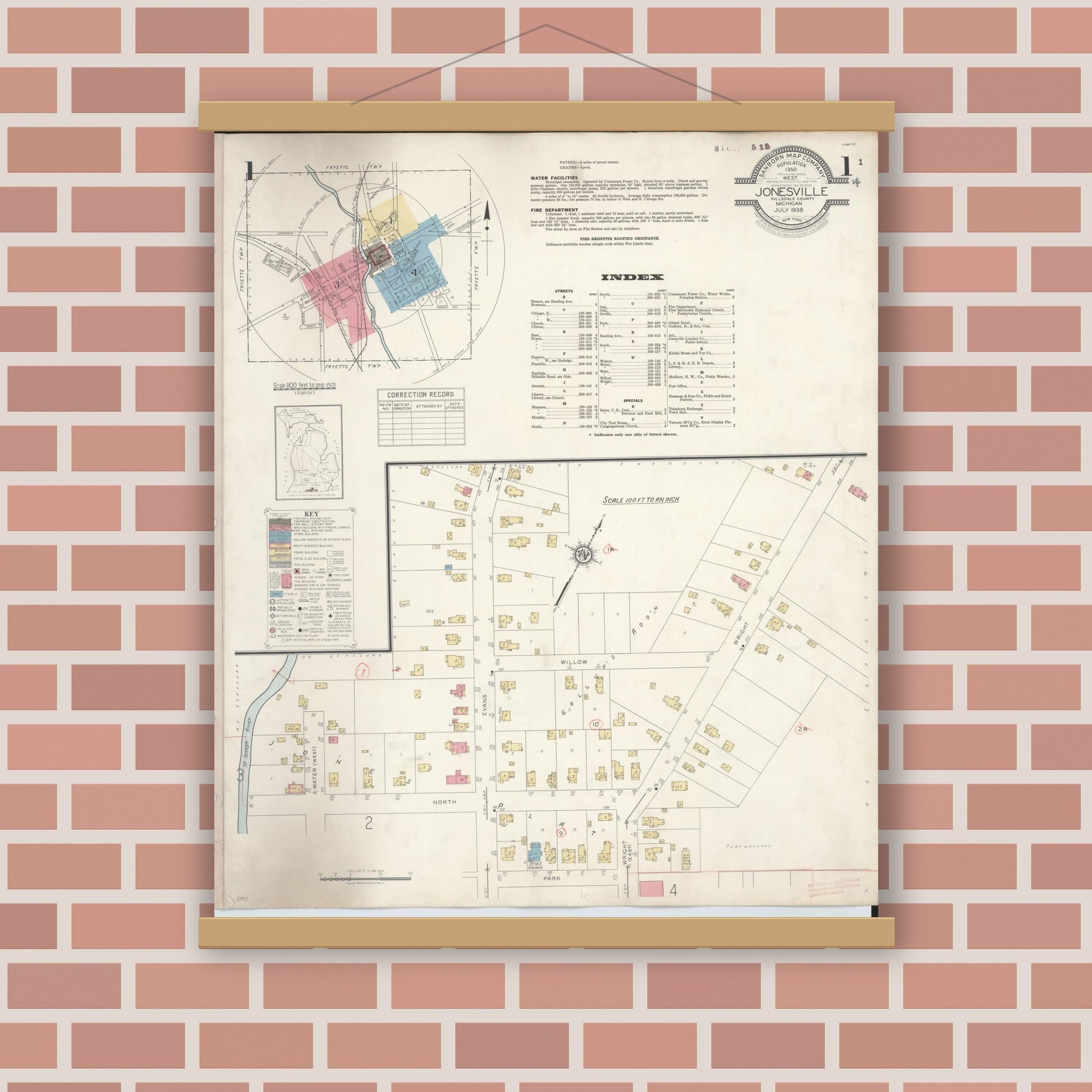 Old map wall art mockup — magnetic wood frame on brick wall — Sanborn Fire Insurance Map from Jonesville, Hillsdale County, Michigan (1938) - Complete Map Set