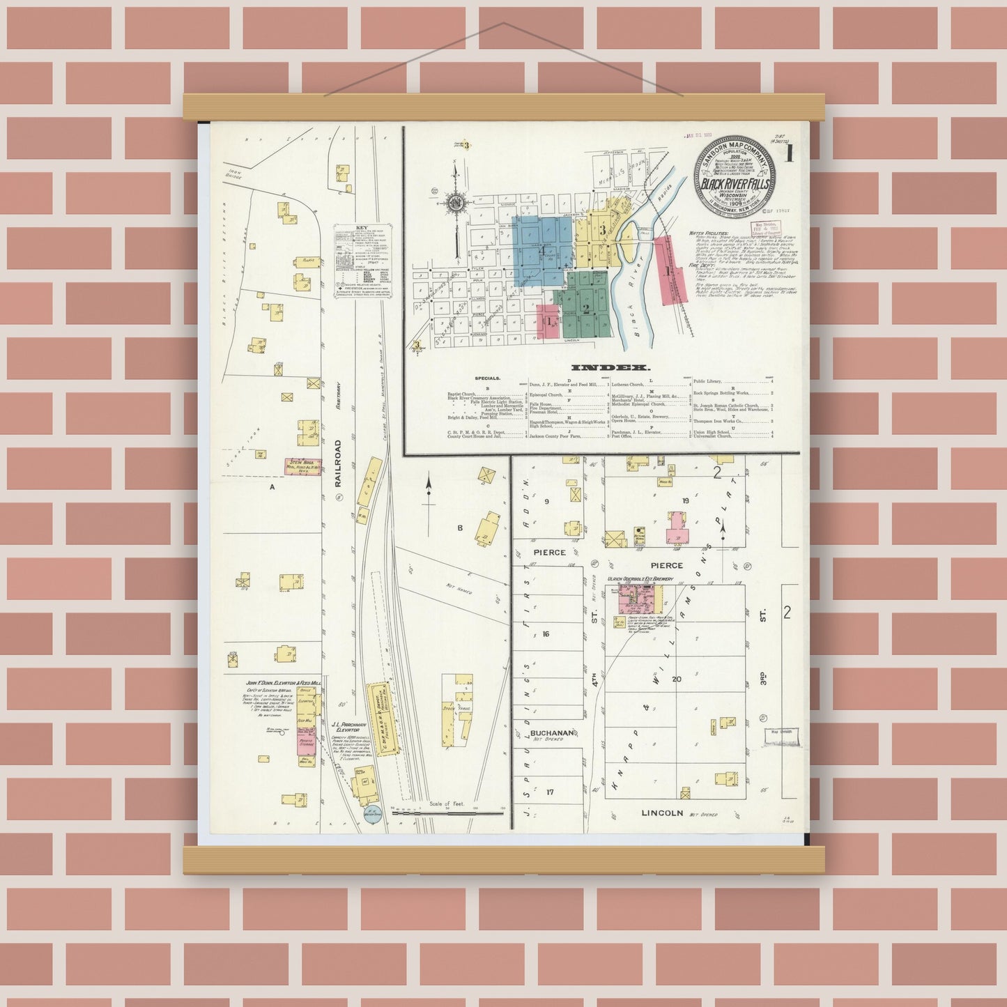 Old map wall art mockup — magnetic wood frame on brick wall — Sanborn Fire Insurance Map from Black River Falls, Jackson County, Wisconsin (1909) - Complete Map Set
