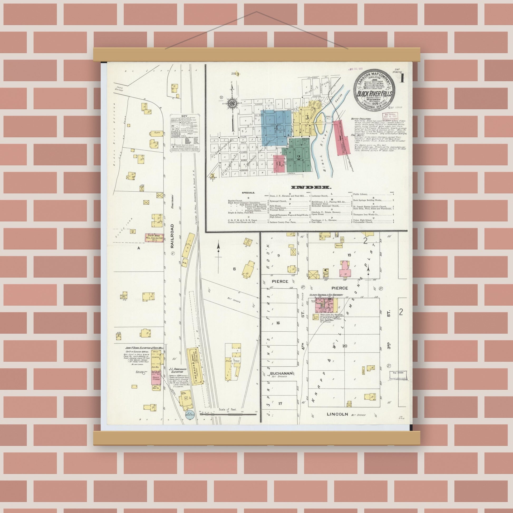 Old map wall art mockup — magnetic wood frame on brick wall — Sanborn Fire Insurance Map from Black River Falls, Jackson County, Wisconsin (1909) - Complete Map Set