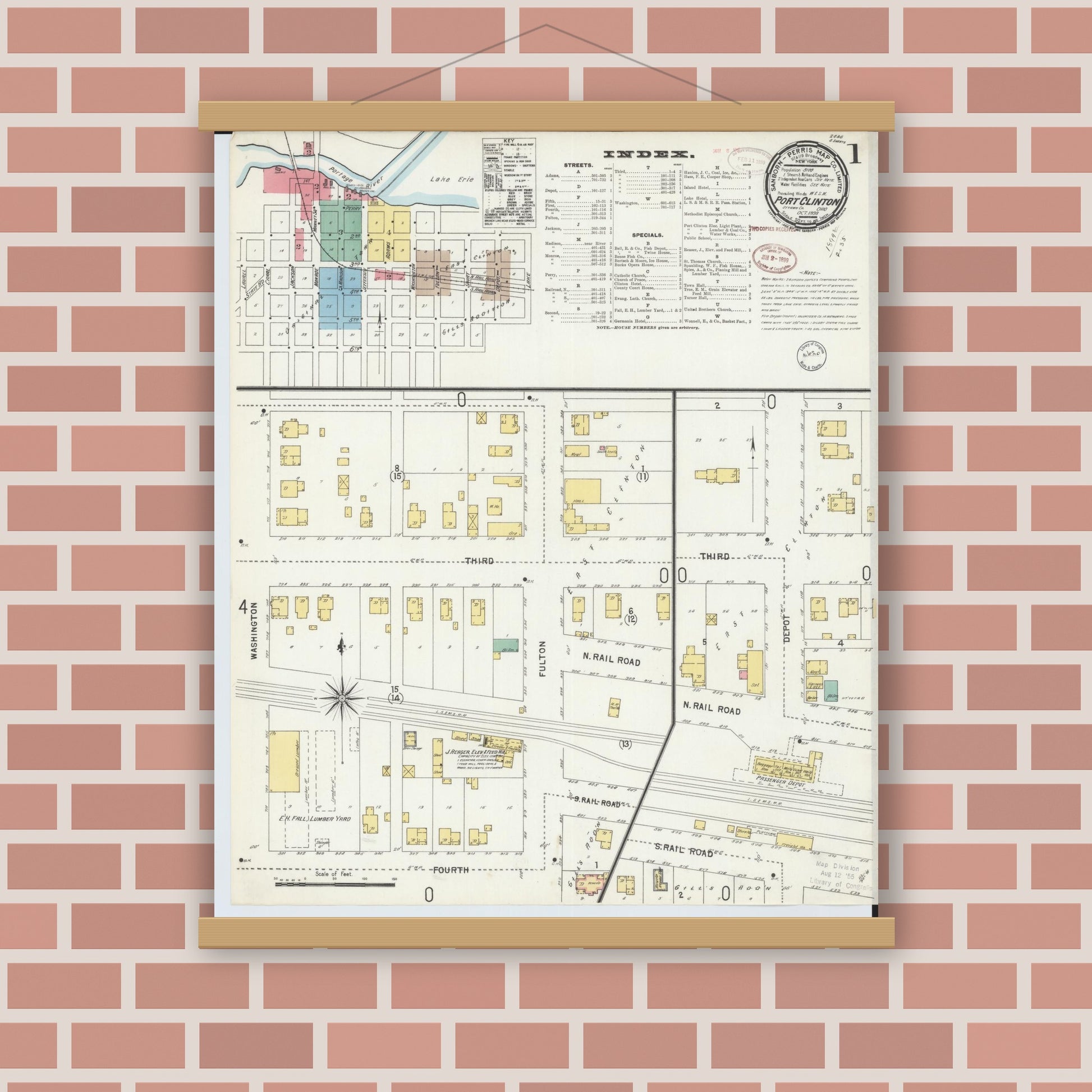 Old map wall art mockup — magnetic wood frame on brick wall — Sanborn Fire Insurance Map from Port Clinton, Ottawa County, Ohio (1898) - Complete Map Set