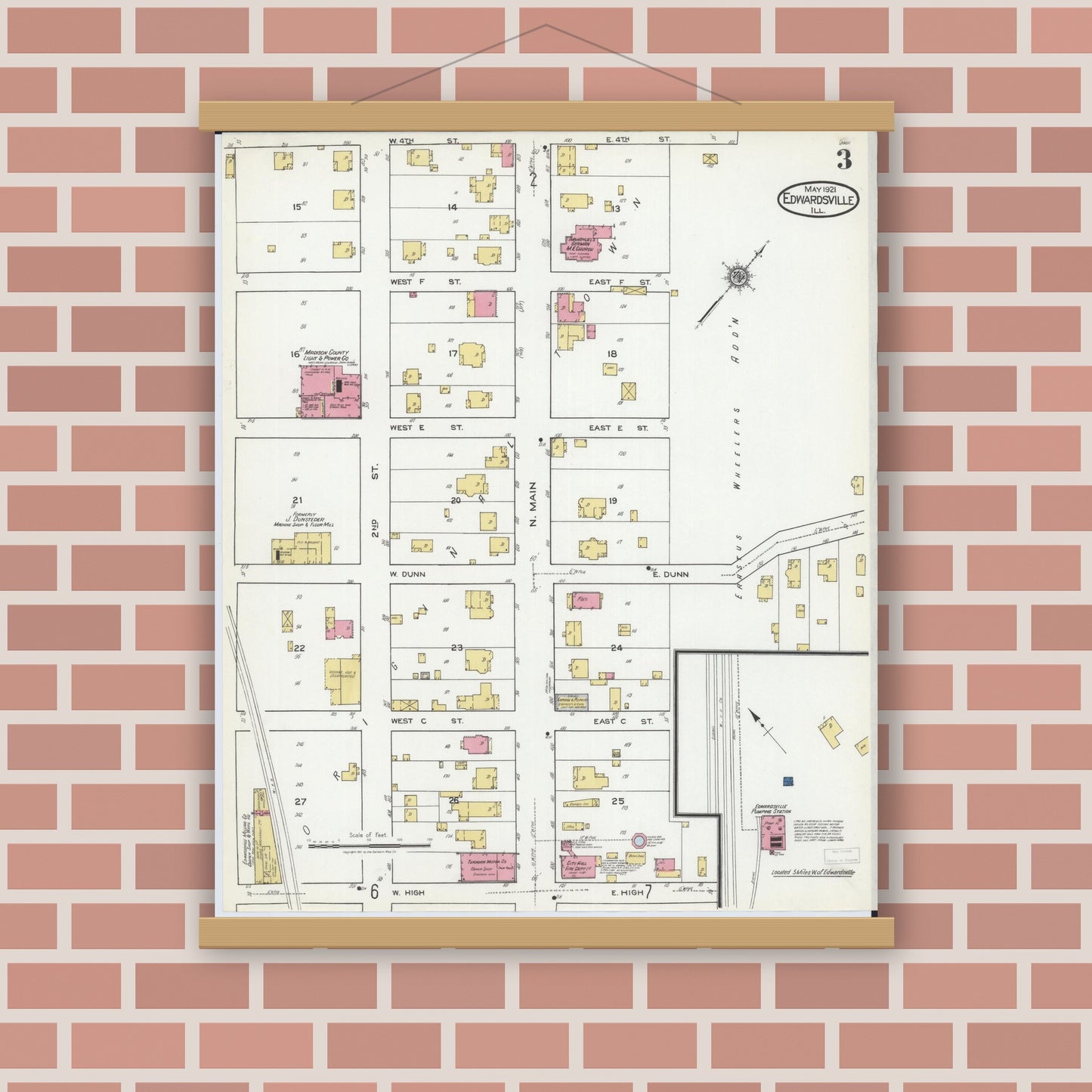 Old map wall art mockup — magnetic wood frame on brick wall — Sanborn Fire Insurance Map from Edwardsville, Madison County, Illinois (1921), Sheet #0003