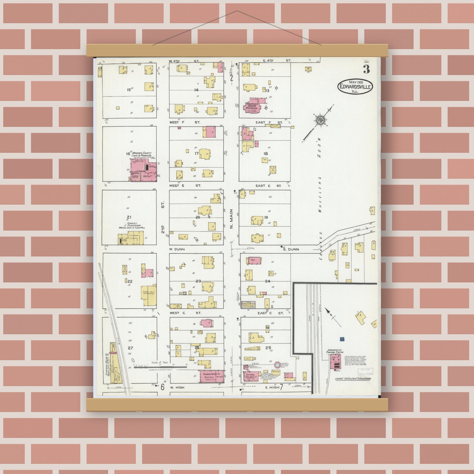 Old map wall art mockup — magnetic wood frame on brick wall — Sanborn Fire Insurance Map from Edwardsville, Madison County, Illinois (1921), Sheet #0003