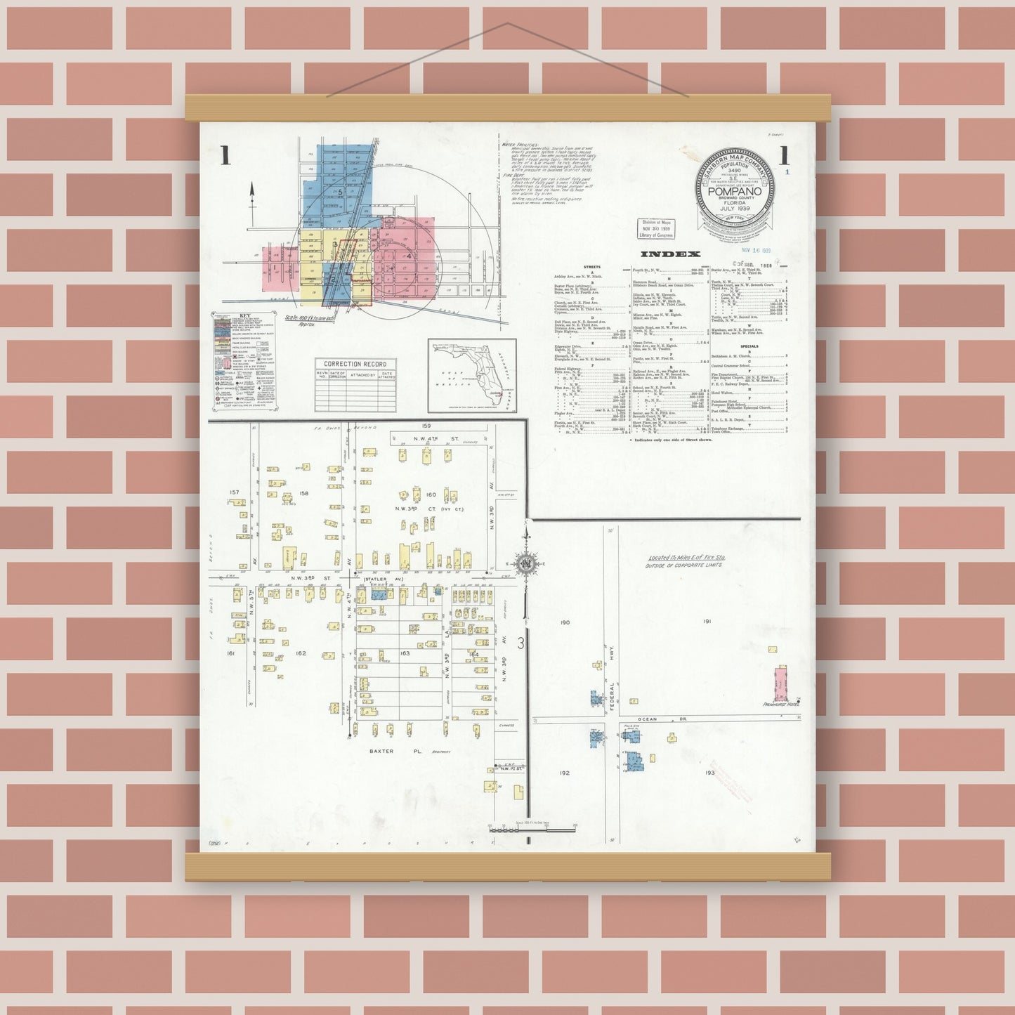 Old map wall art mockup — magnetic wood frame on brick wall — Sanborn Fire Insurance Map from Pompano, Broward County, Florida (1939), Sheet #0001