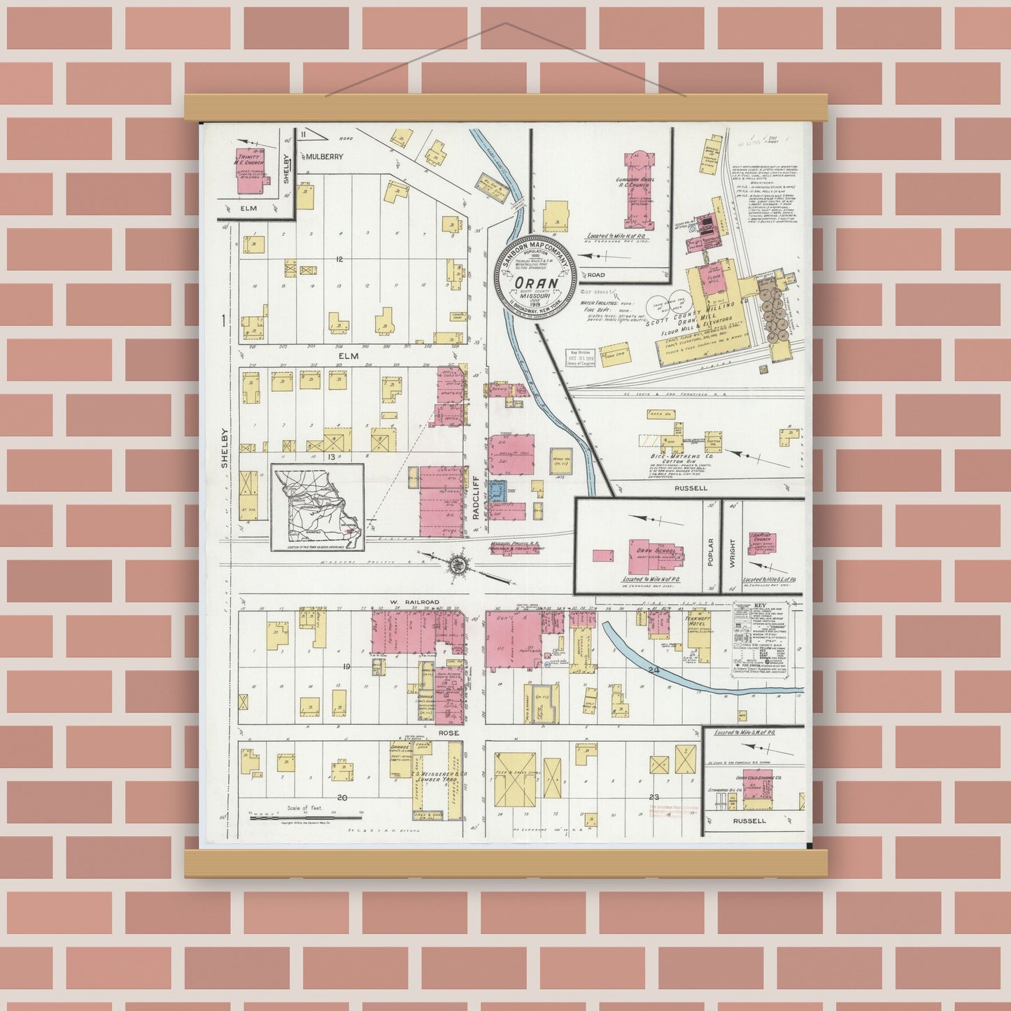 Old map wall art mockup — magnetic wood frame on brick wall — Sanborn Fire Insurance Map from Oran, Scott County, Missouri (1919) - Complete Map Set