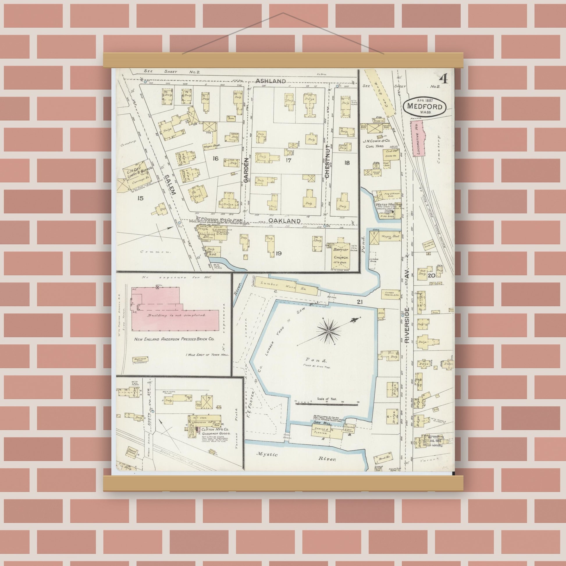 Old map wall art mockup — magnetic wood frame on brick wall — Sanborn Fire Insurance Map from Medford, Middlesex County, Massachusetts (1887), Sheet #0004