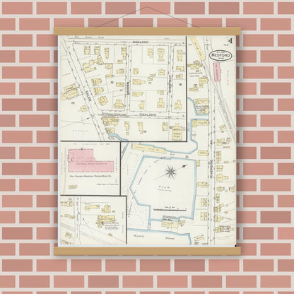 Old map wall art mockup — magnetic wood frame on brick wall — Sanborn Fire Insurance Map from Medford, Middlesex County, Massachusetts (1887), Sheet #0004