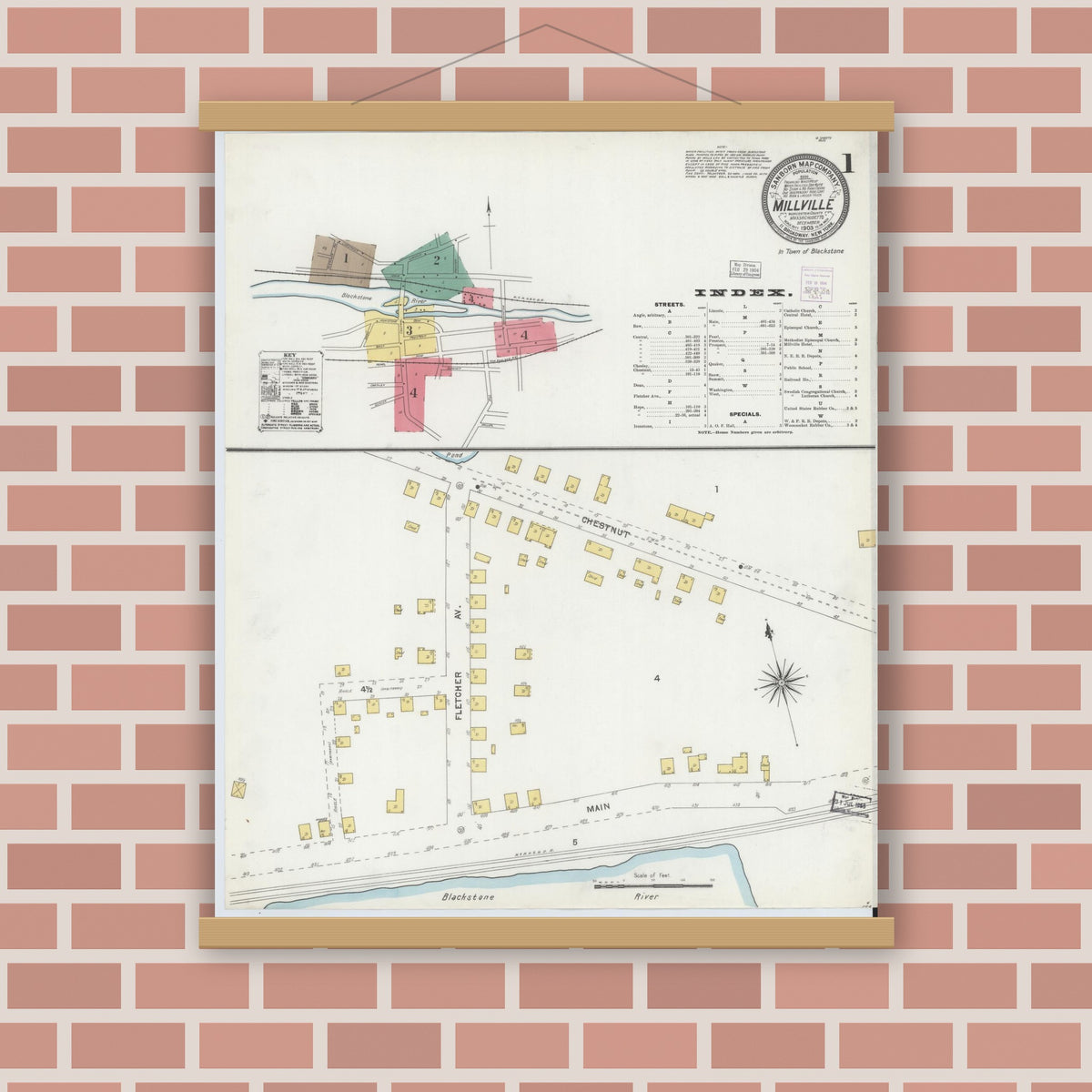 Old map wall art mockup — magnetic wood frame on brick wall — Sanborn Fire Insurance Map from Millville, Worcester County, Massachusetts (1903) - Complete Map Set