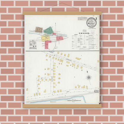 Old map wall art mockup — magnetic wood frame on brick wall — Sanborn Fire Insurance Map from Millville, Worcester County, Massachusetts (1903) - Complete Map Set