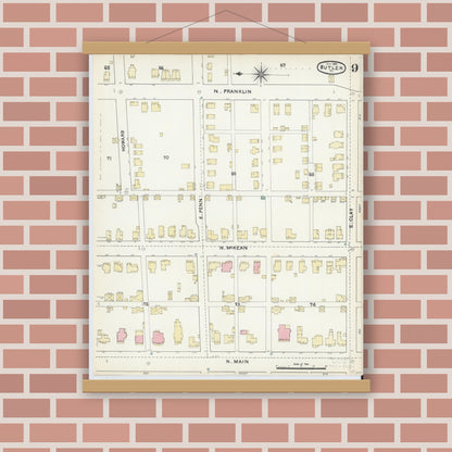 Old map wall art mockup — magnetic wood frame on brick wall — Sanborn Fire Insurance Map from Butler, Butler County, Pennsylvania (1891), Sheet #0009