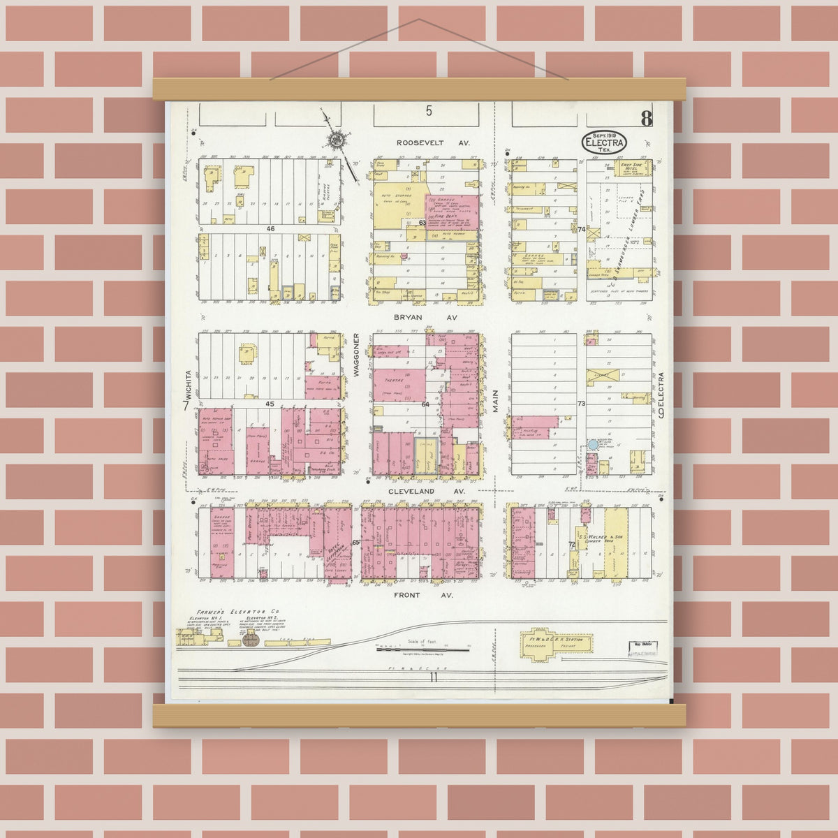 Old map wall art mockup — magnetic wood frame on brick wall — Sanborn Fire Insurance Map from Electra, Wichita County, Texas (1919), Sheet #0008