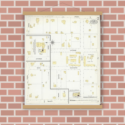 Old map wall art mockup — magnetic wood frame on brick wall — Sanborn Fire Insurance Map from Pilot Point, Denton County, Texas (1907), Sheet #0007