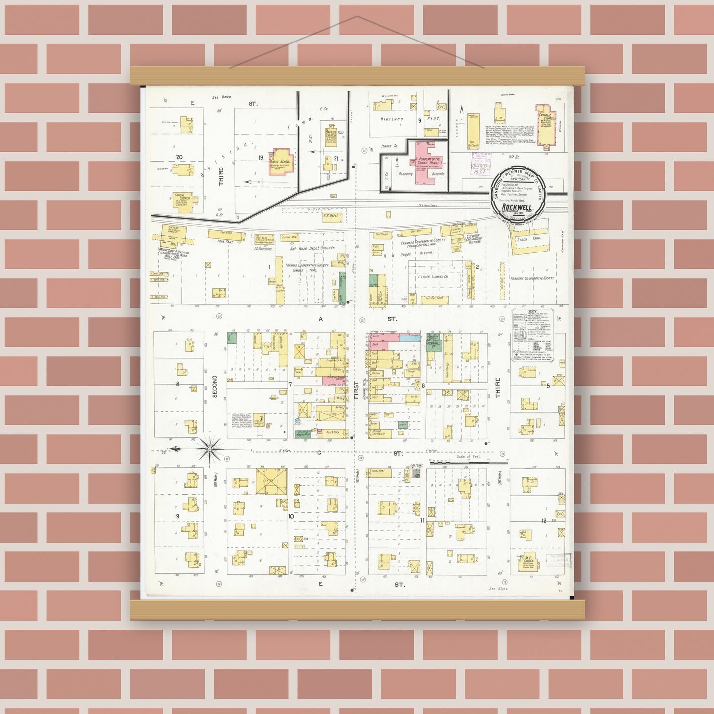 Old map wall art mockup — magnetic wood frame on brick wall — Sanborn Fire Insurance Map from Rockwell, Cerro Gordo County, Iowa (1901), Sheet #0001