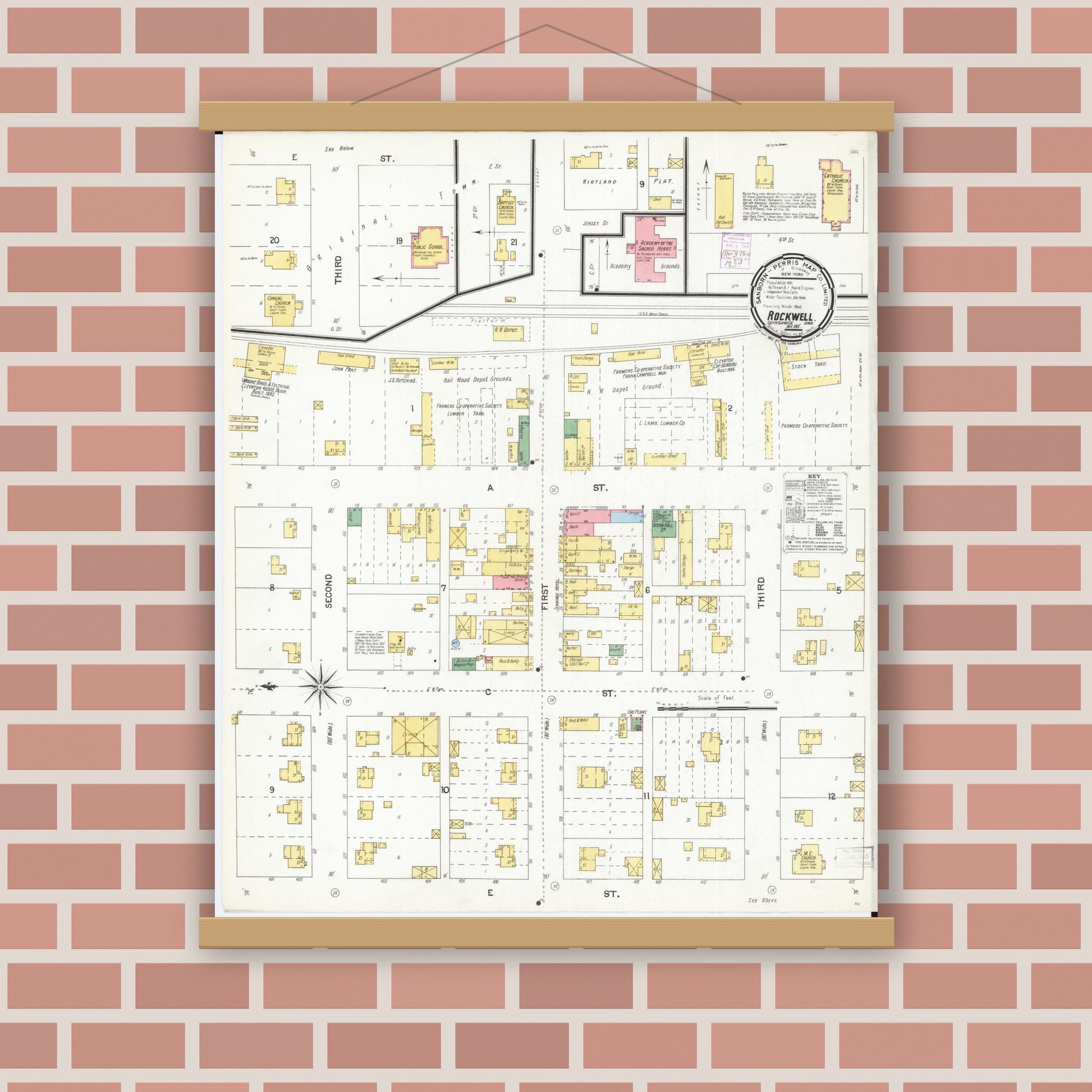 Old map wall art mockup — magnetic wood frame on brick wall — Sanborn Fire Insurance Map from Rockwell, Cerro Gordo County, Iowa (1901), Sheet #0001