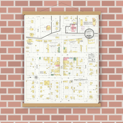 Old map wall art mockup — magnetic wood frame on brick wall — Sanborn Fire Insurance Map from Rockwell, Cerro Gordo County, Iowa (1901), Sheet #0001
