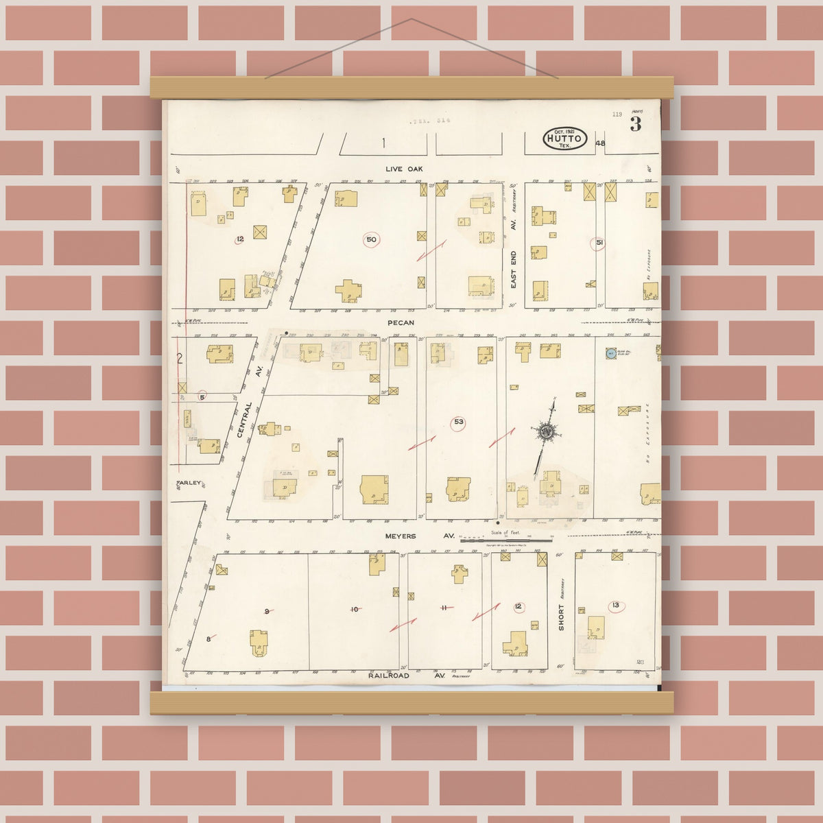 Old map wall art mockup — magnetic wood frame on brick wall — Sanborn Fire Insurance Map from Hutto, Williamson County, Texas (1937), Sheet #0003