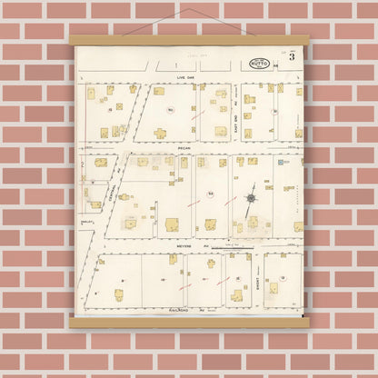 Old map wall art mockup — magnetic wood frame on brick wall — Sanborn Fire Insurance Map from Hutto, Williamson County, Texas (1937), Sheet #0003