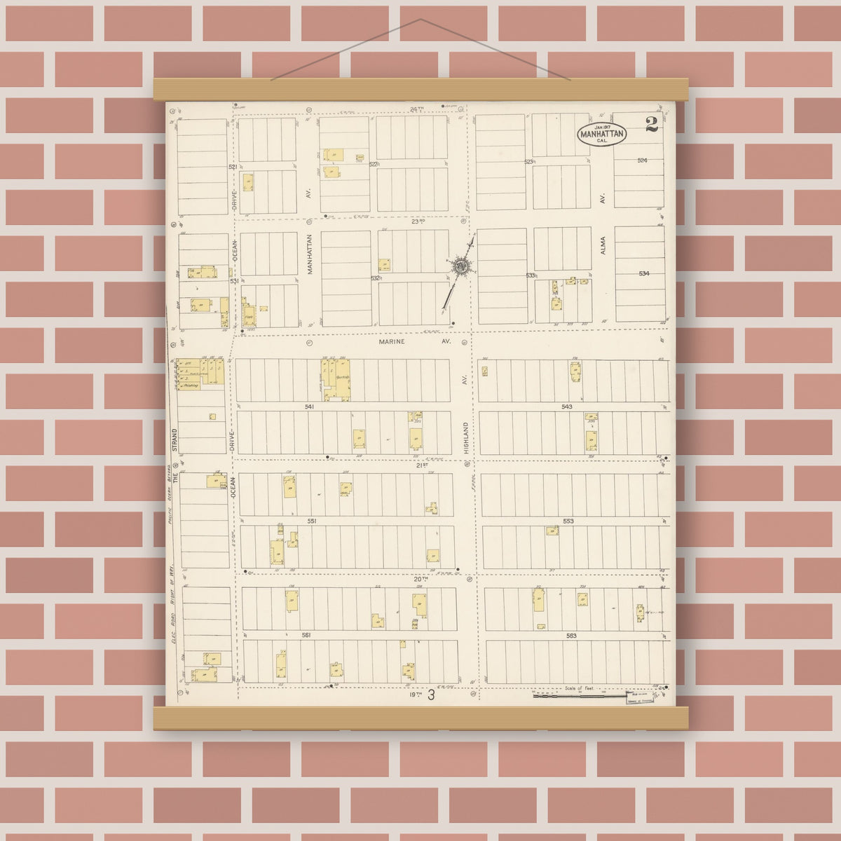 Old map wall art mockup — magnetic wood frame on brick wall — Sanborn Fire Insurance Map from Manhattan Beach, Los Angeles County, California (1917), Sheet #0002