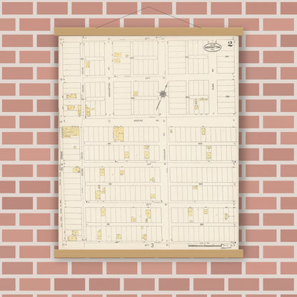 Old map wall art mockup — magnetic wood frame on brick wall — Sanborn Fire Insurance Map from Manhattan Beach, Los Angeles County, California (1917), Sheet #0002