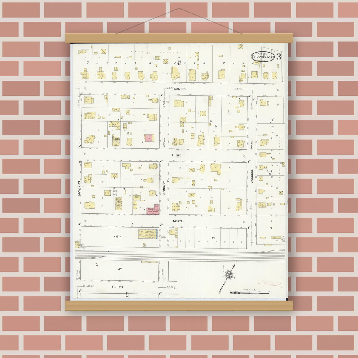 Old map wall art mockup — magnetic wood frame on brick wall — Sanborn Fire Insurance Map from Cerro Gordo, Piatt County, Illinois (1915), Sheet #0003